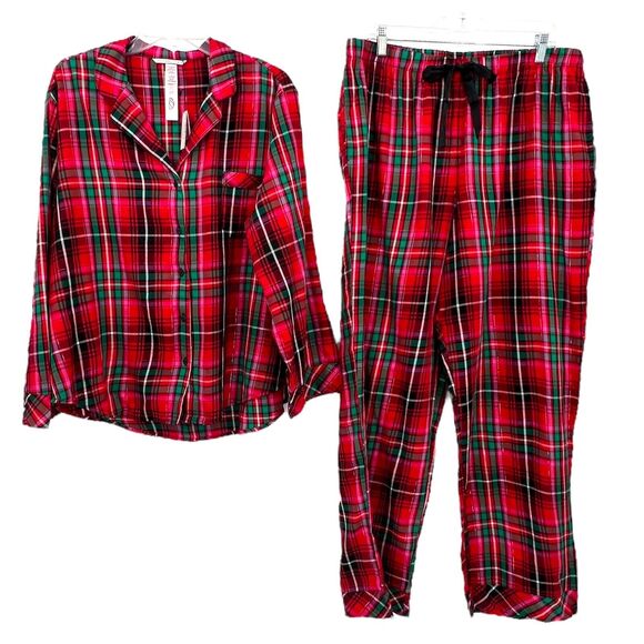 New Victoria's Secret Red Green Flannel Plaid Pajama Set Long Sleeve Shirt Pant - Picture 1 of 6